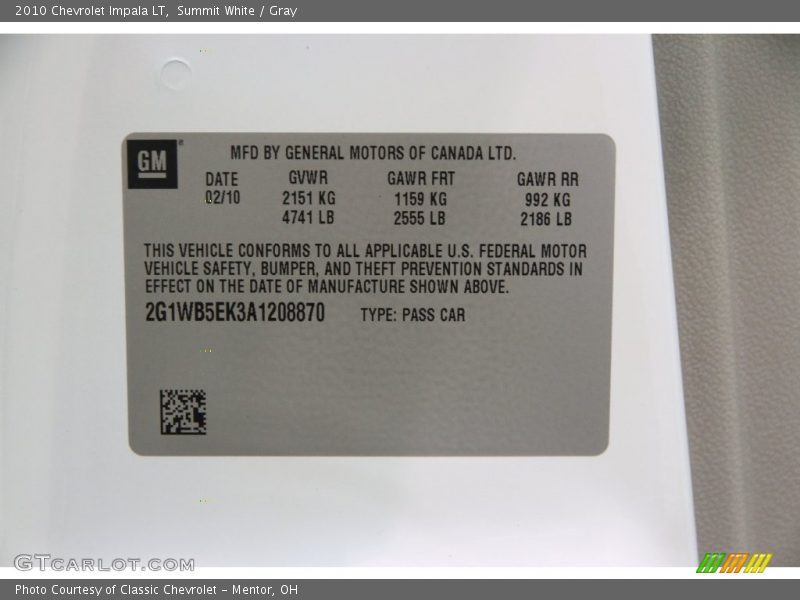 Summit White / Gray 2010 Chevrolet Impala LT