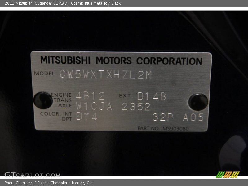 Cosmic Blue Metallic / Black 2012 Mitsubishi Outlander SE AWD