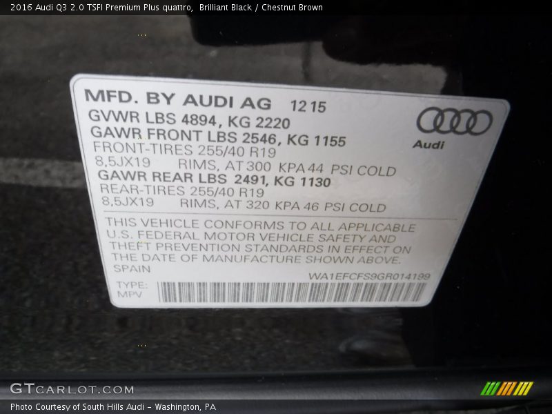 Brilliant Black / Chestnut Brown 2016 Audi Q3 2.0 TSFI Premium Plus quattro