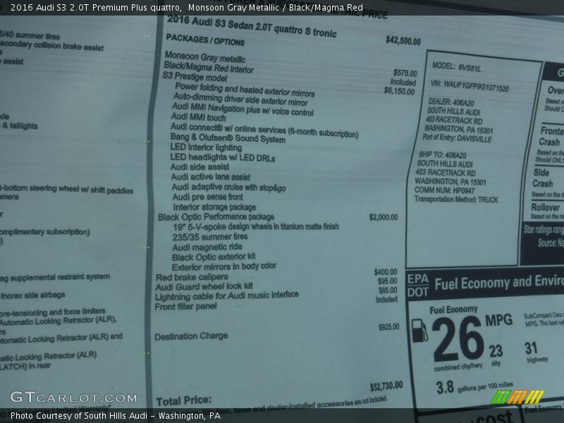 Monsoon Gray Metallic / Black/Magma Red 2016 Audi S3 2.0T Premium Plus quattro