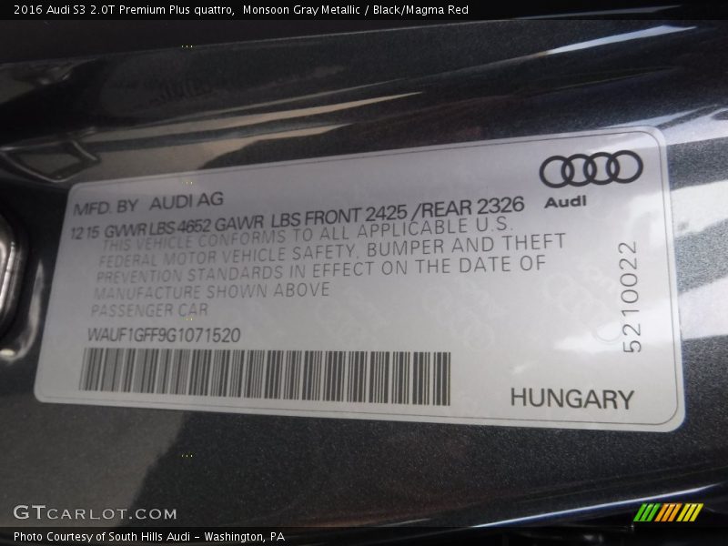 Monsoon Gray Metallic / Black/Magma Red 2016 Audi S3 2.0T Premium Plus quattro