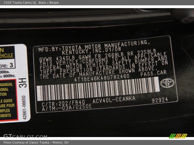 Black / Bisque 2008 Toyota Camry LE