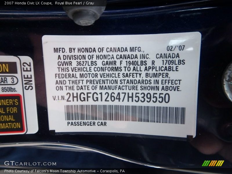Royal Blue Pearl / Gray 2007 Honda Civic LX Coupe