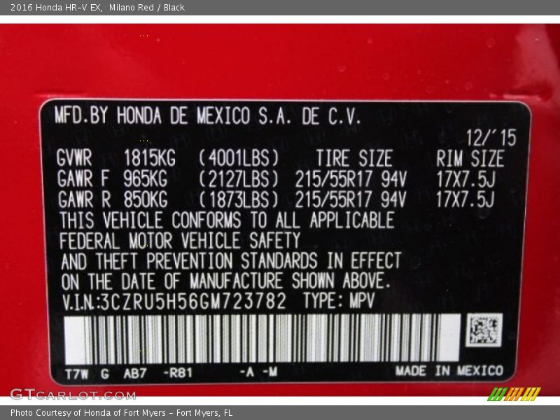 Milano Red / Black 2016 Honda HR-V EX