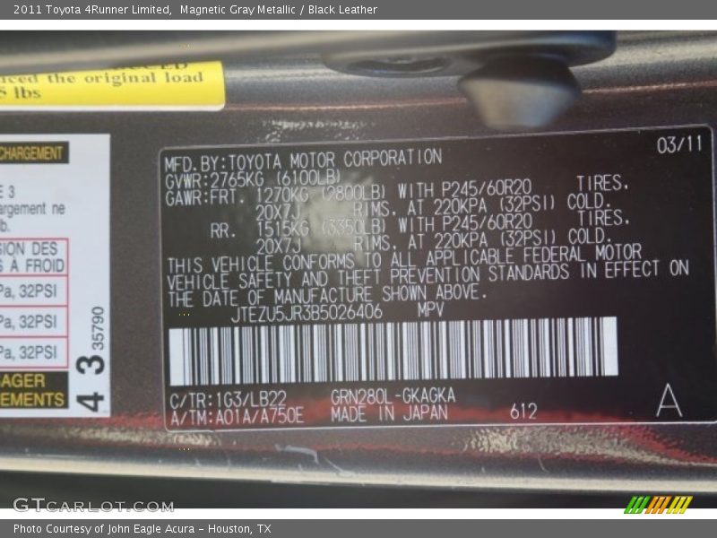 Magnetic Gray Metallic / Black Leather 2011 Toyota 4Runner Limited
