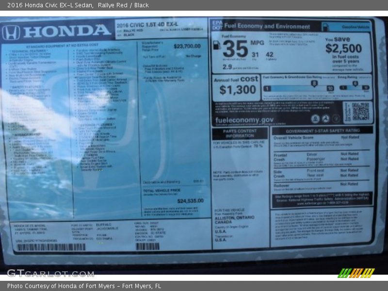 Rallye Red / Black 2016 Honda Civic EX-L Sedan
