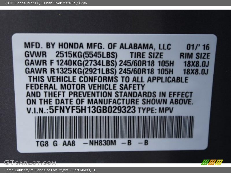 Lunar Silver Metallic / Gray 2016 Honda Pilot LX