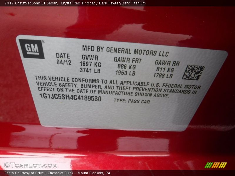 Crystal Red Tintcoat / Dark Pewter/Dark Titanium 2012 Chevrolet Sonic LT Sedan