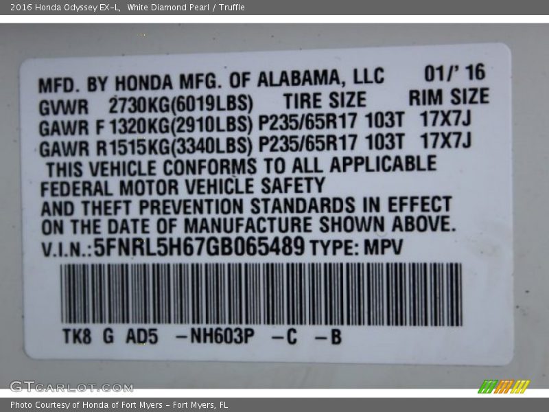 White Diamond Pearl / Truffle 2016 Honda Odyssey EX-L