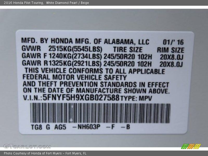 White Diamond Pearl / Beige 2016 Honda Pilot Touring
