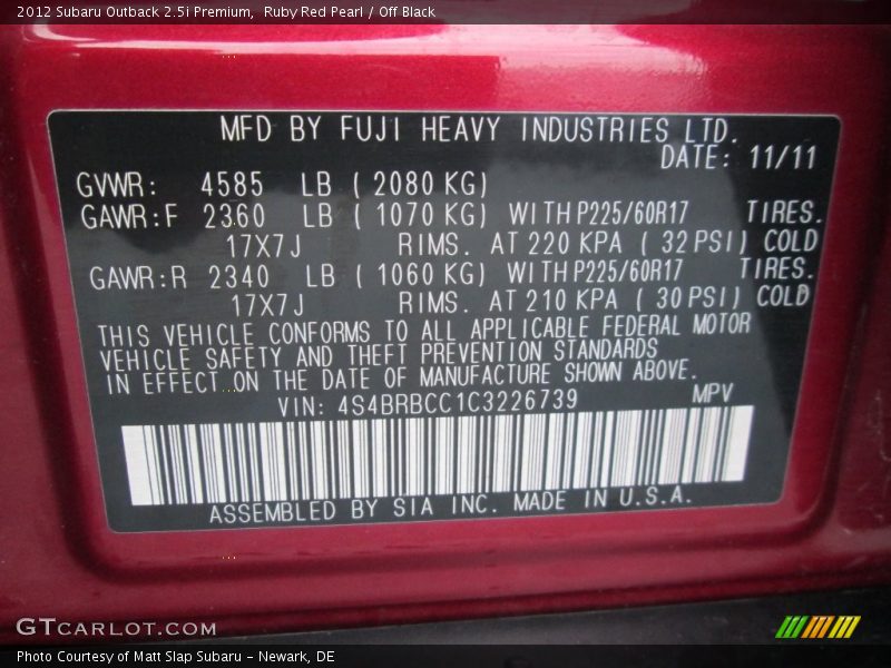 Ruby Red Pearl / Off Black 2012 Subaru Outback 2.5i Premium