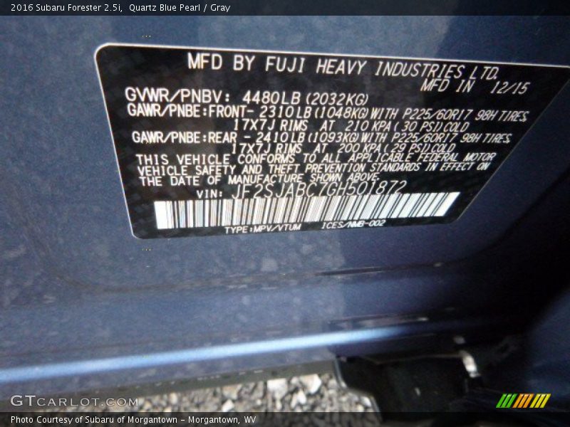 Quartz Blue Pearl / Gray 2016 Subaru Forester 2.5i