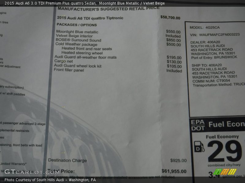 Moonlight Blue Metallic / Velvet Beige 2015 Audi A6 3.0 TDI Premium Plus quattro Sedan