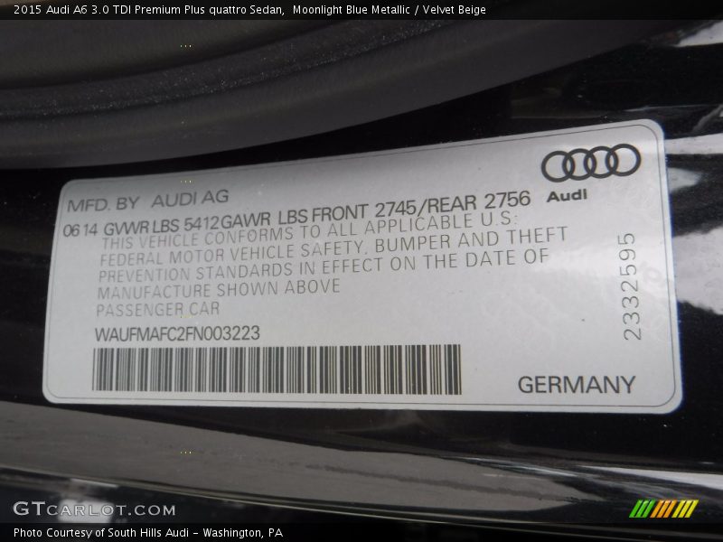 Moonlight Blue Metallic / Velvet Beige 2015 Audi A6 3.0 TDI Premium Plus quattro Sedan