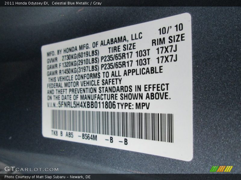 Celestial Blue Metallic / Gray 2011 Honda Odyssey EX