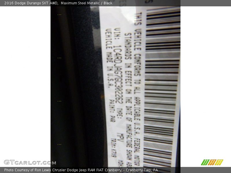 2016 Durango SXT AWD Maximum Steel Metallic Color Code PAR