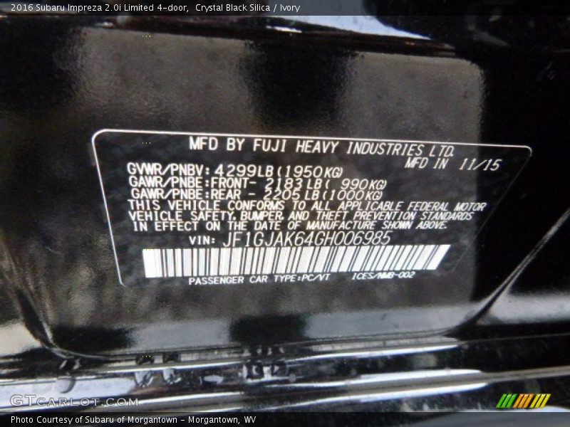 Crystal Black Silica / Ivory 2016 Subaru Impreza 2.0i Limited 4-door