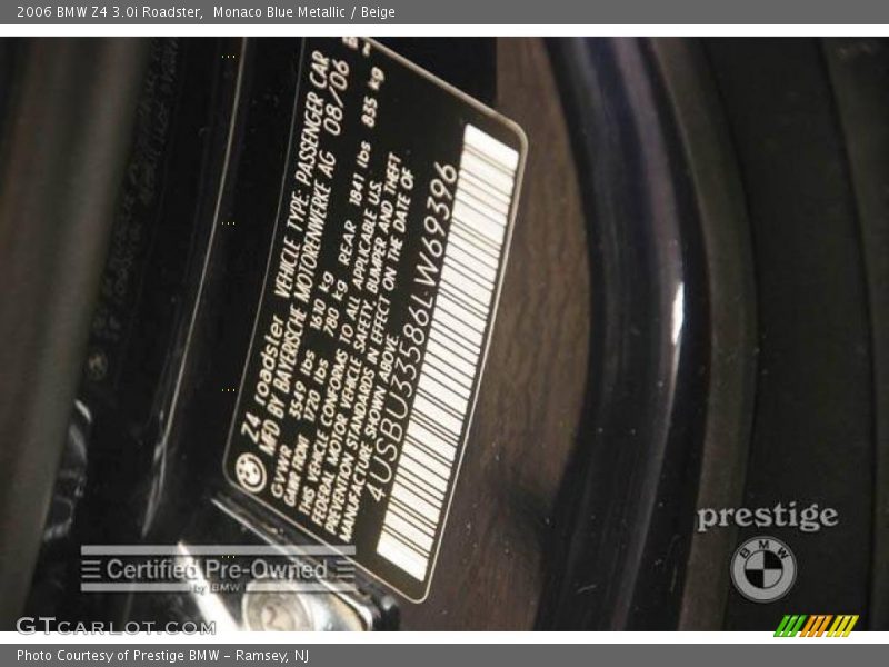 Monaco Blue Metallic / Beige 2006 BMW Z4 3.0i Roadster