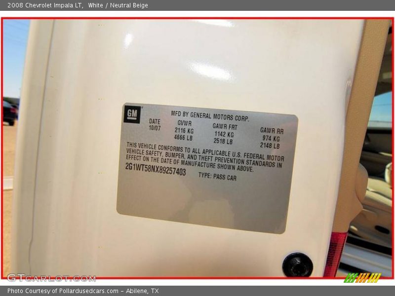 White / Neutral Beige 2008 Chevrolet Impala LT
