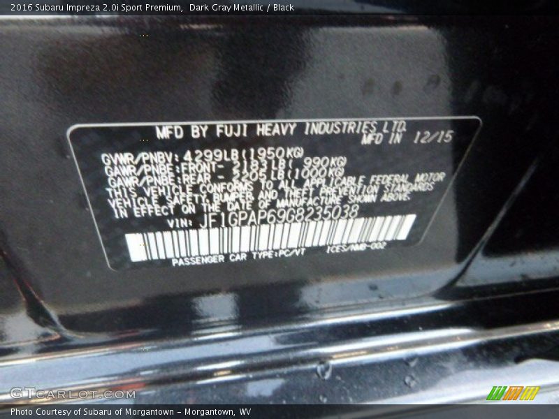 Dark Gray Metallic / Black 2016 Subaru Impreza 2.0i Sport Premium