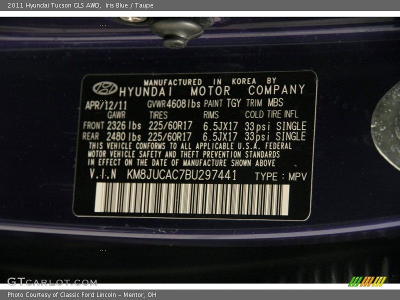Iris Blue / Taupe 2011 Hyundai Tucson GLS AWD
