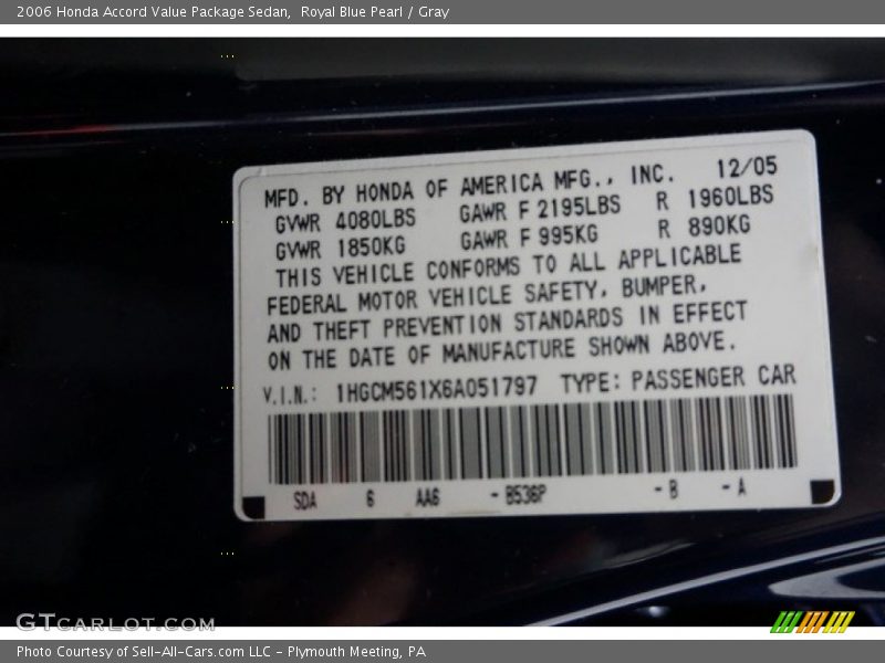 Royal Blue Pearl / Gray 2006 Honda Accord Value Package Sedan