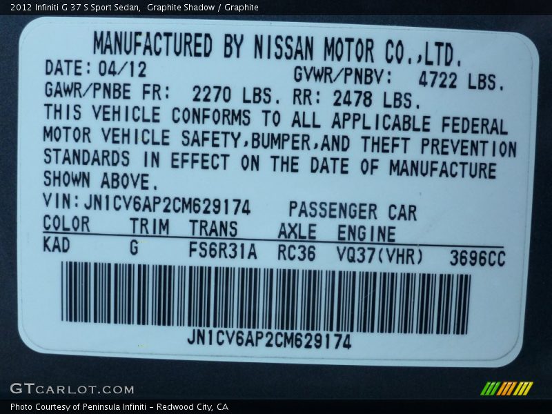 Graphite Shadow / Graphite 2012 Infiniti G 37 S Sport Sedan