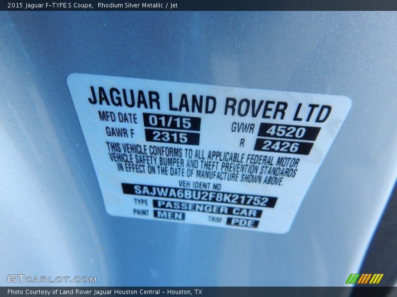 2015 F-TYPE S Coupe Rhodium Silver Metallic Color Code MEN