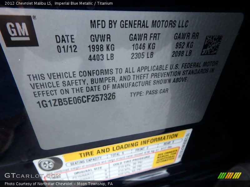 Imperial Blue Metallic / Titanium 2012 Chevrolet Malibu LS