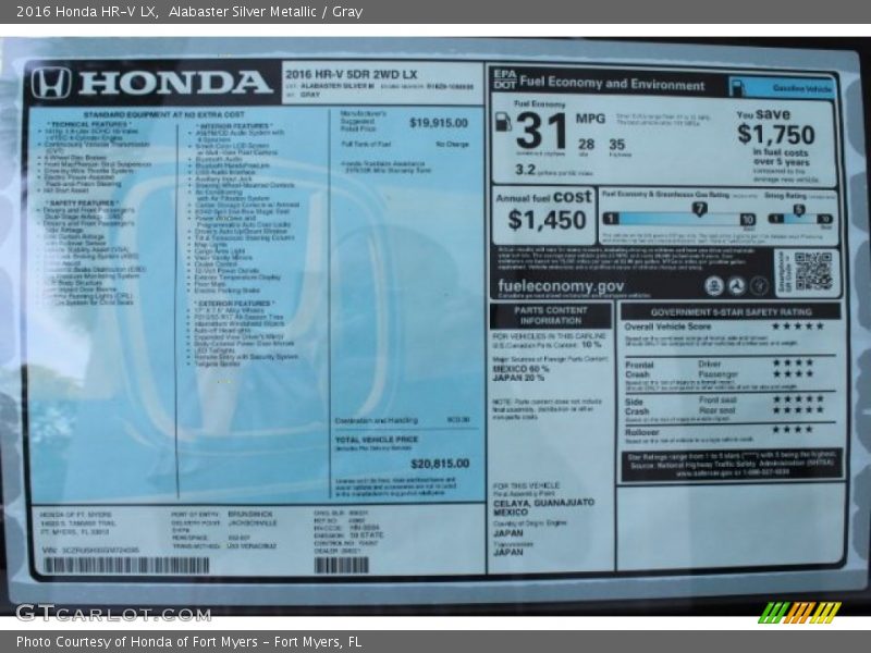 Alabaster Silver Metallic / Gray 2016 Honda HR-V LX