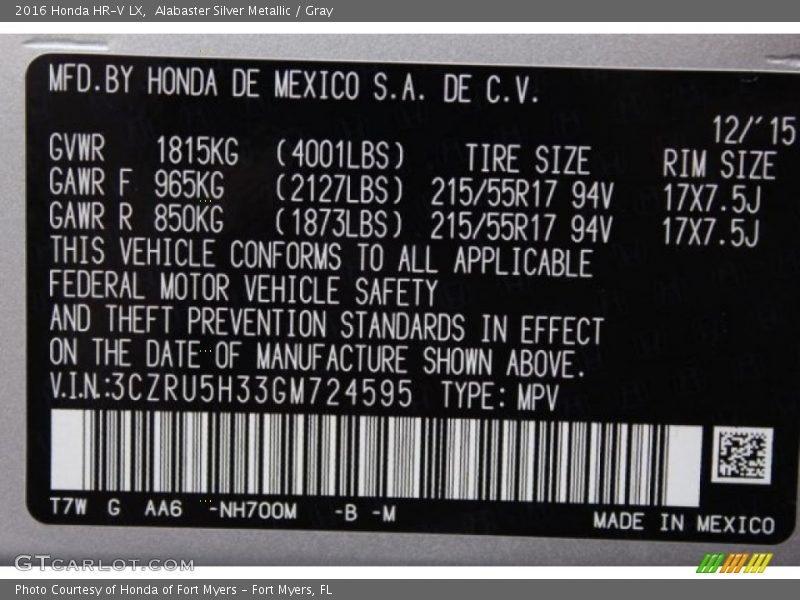 Alabaster Silver Metallic / Gray 2016 Honda HR-V LX