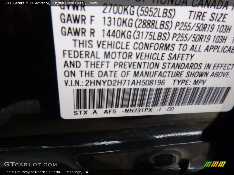 Crystal Black Pearl / Ebony 2010 Acura MDX Advance