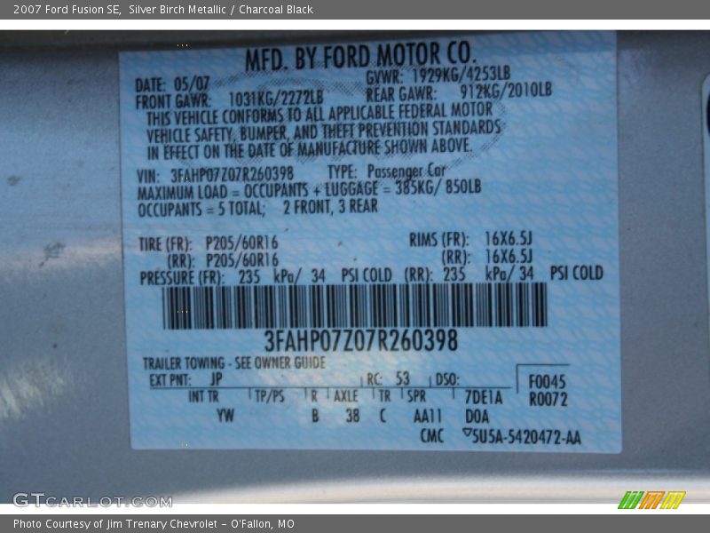 Silver Birch Metallic / Charcoal Black 2007 Ford Fusion SE