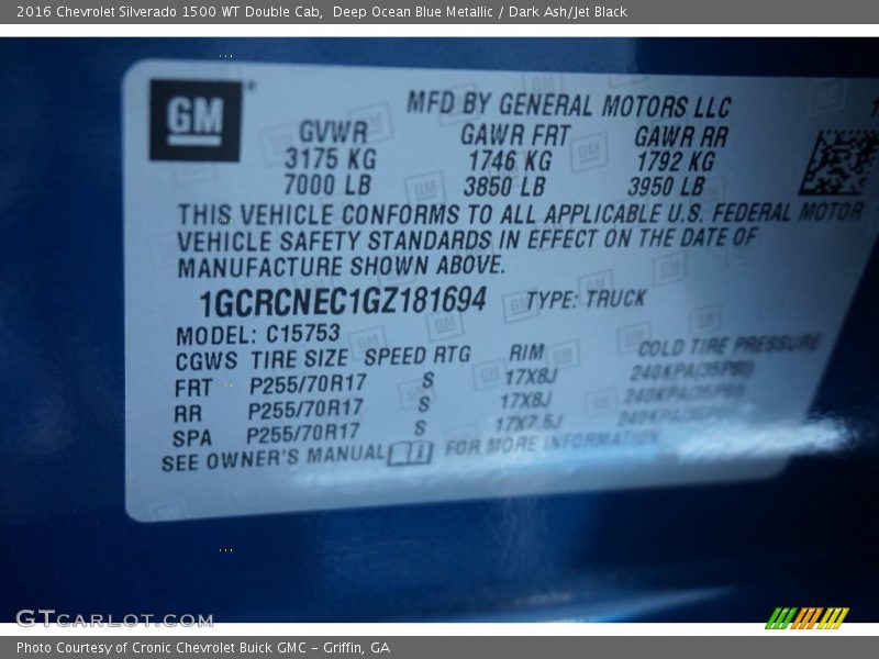 Deep Ocean Blue Metallic / Dark Ash/Jet Black 2016 Chevrolet Silverado 1500 WT Double Cab