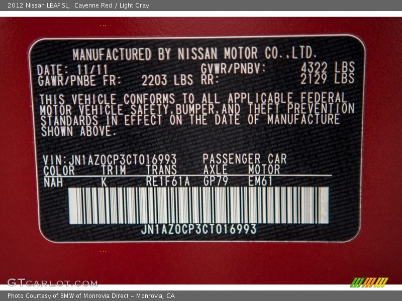 Cayenne Red / Light Gray 2012 Nissan LEAF SL