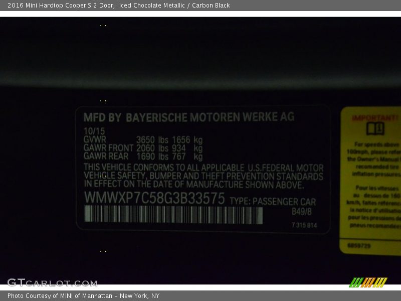 Iced Chocolate Metallic / Carbon Black 2016 Mini Hardtop Cooper S 2 Door