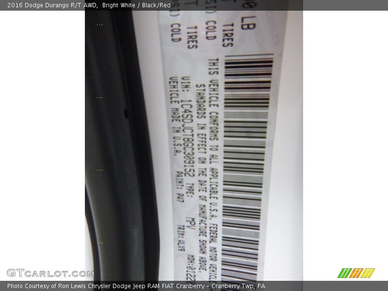 2016 Durango R/T AWD Bright White Color Code PW7