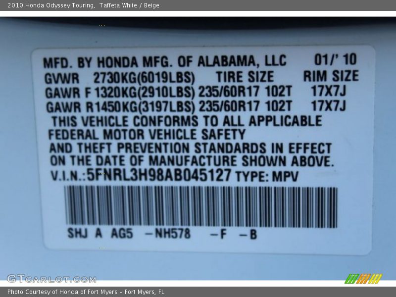 Taffeta White / Beige 2010 Honda Odyssey Touring