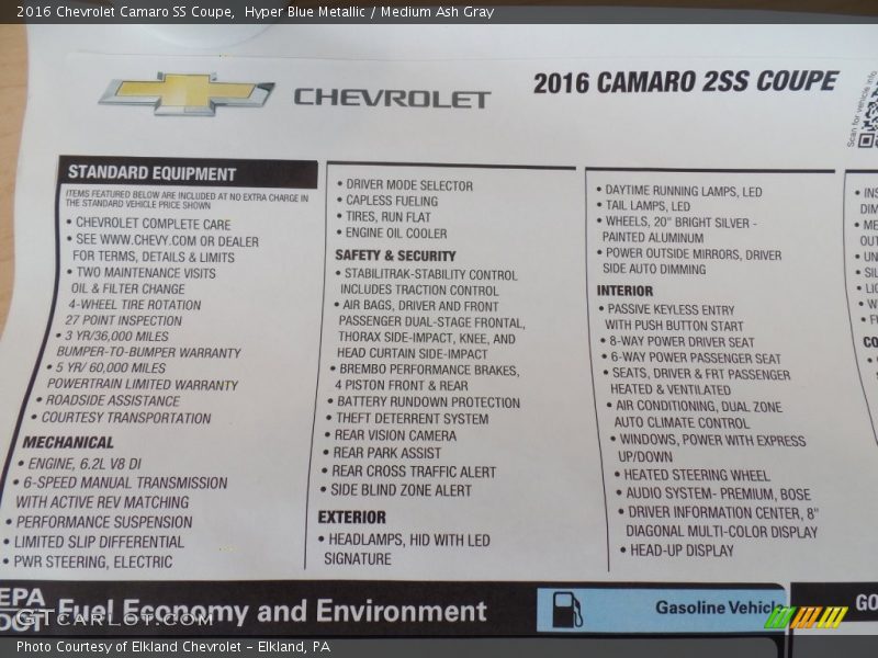  2016 Camaro SS Coupe Window Sticker