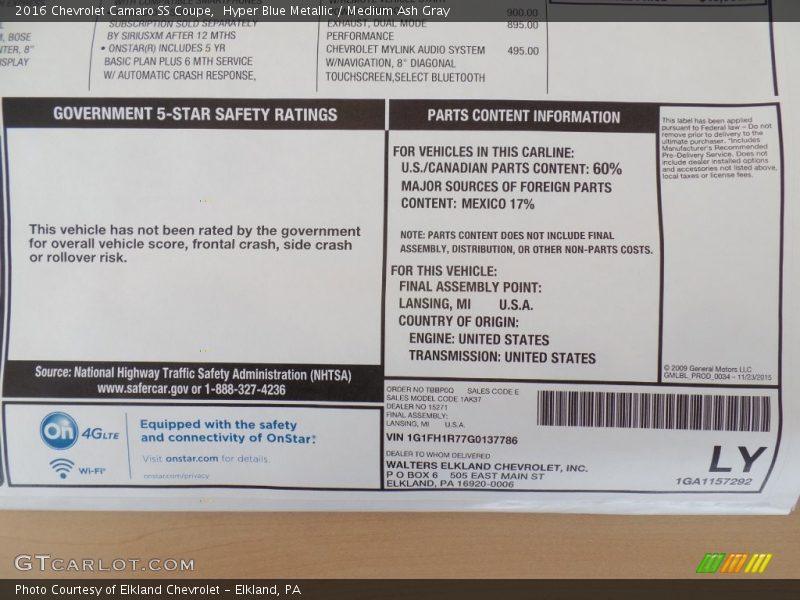  2016 Camaro SS Coupe Window Sticker