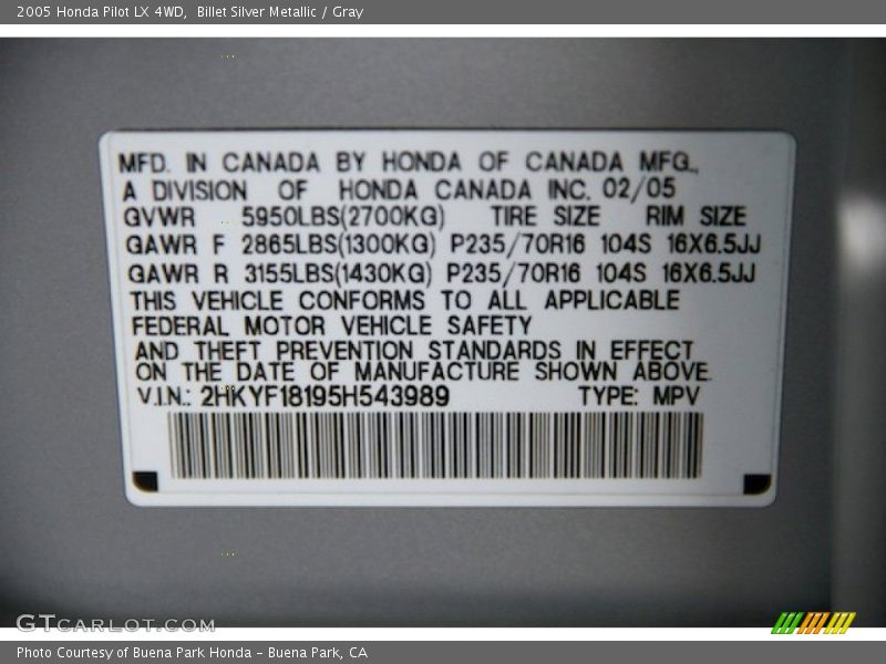 Billet Silver Metallic / Gray 2005 Honda Pilot LX 4WD