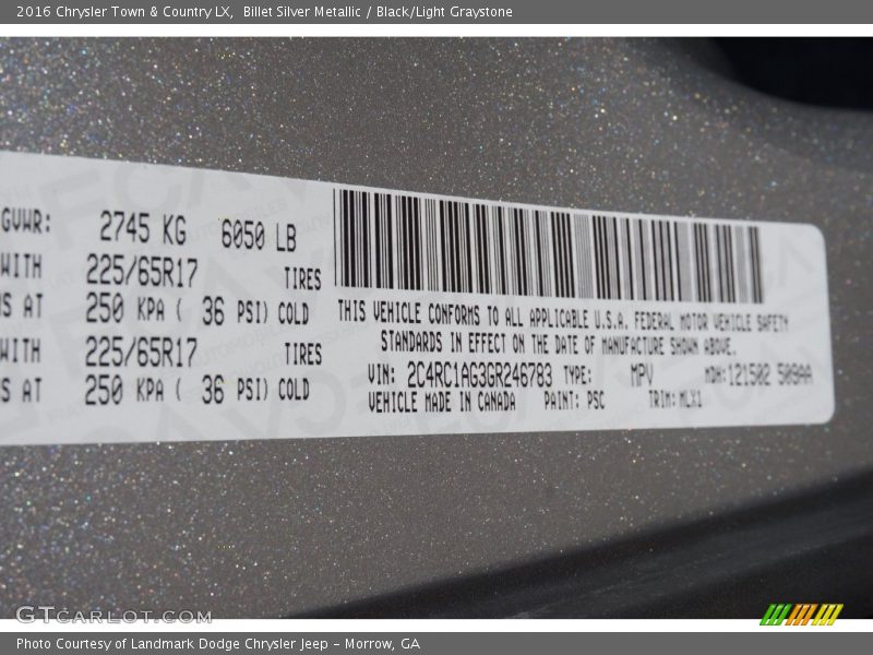 Billet Silver Metallic / Black/Light Graystone 2016 Chrysler Town & Country LX