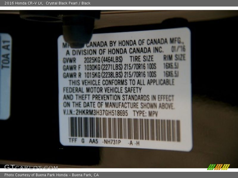 Crystal Black Pearl / Black 2016 Honda CR-V LX
