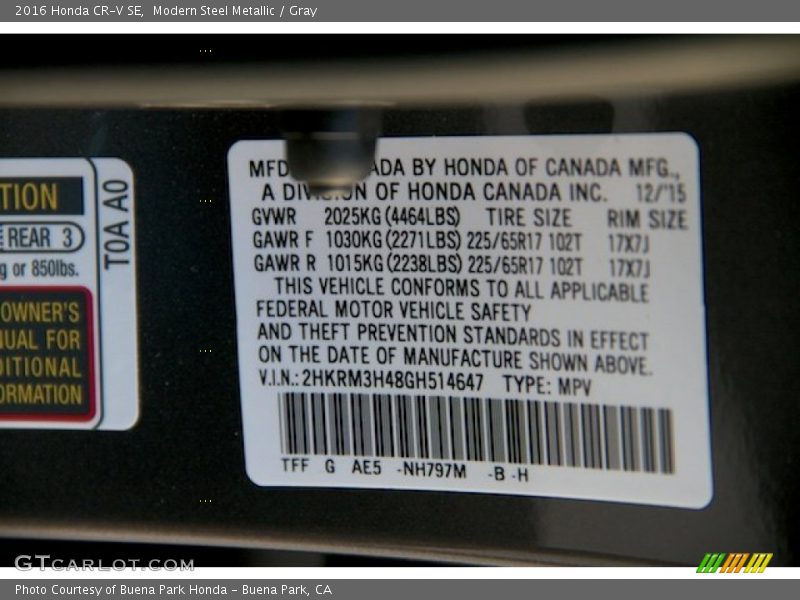 Modern Steel Metallic / Gray 2016 Honda CR-V SE