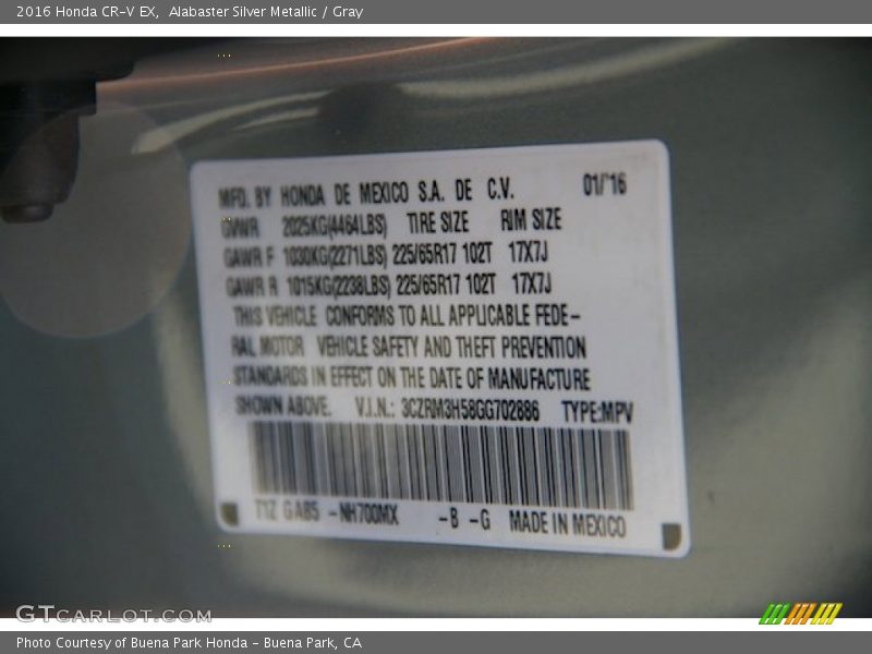 Alabaster Silver Metallic / Gray 2016 Honda CR-V EX