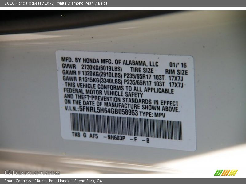 White Diamond Pearl / Beige 2016 Honda Odyssey EX-L