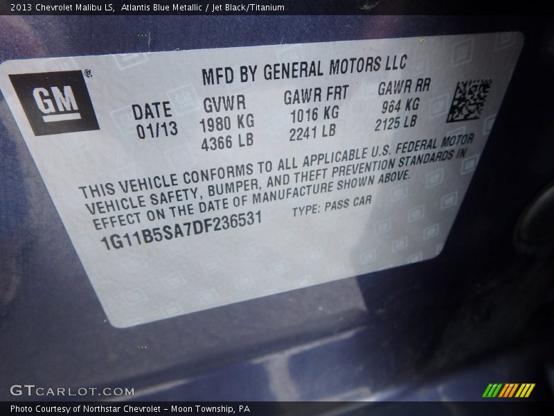 Atlantis Blue Metallic / Jet Black/Titanium 2013 Chevrolet Malibu LS