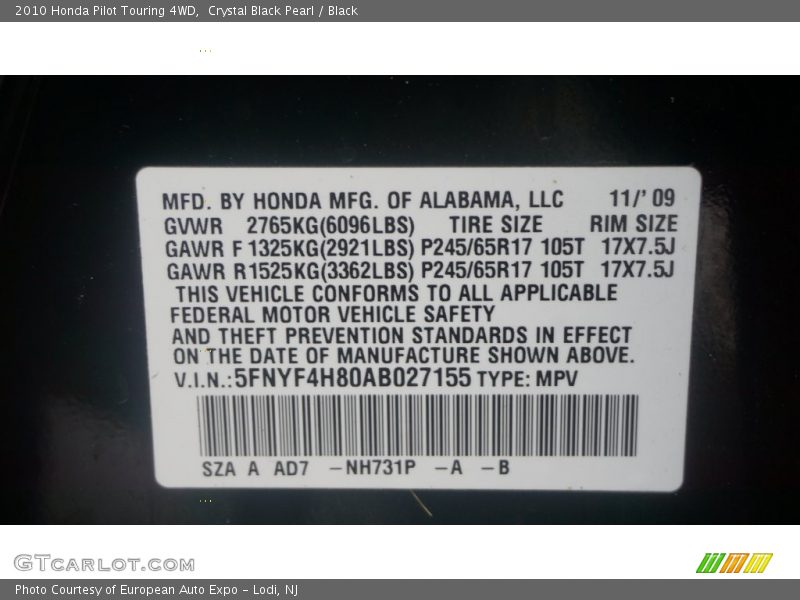 Crystal Black Pearl / Black 2010 Honda Pilot Touring 4WD