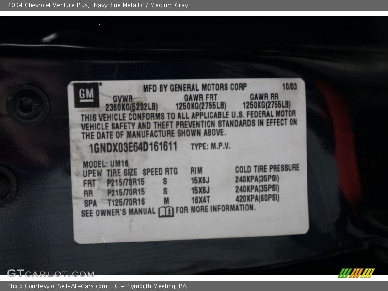 Navy Blue Metallic / Medium Gray 2004 Chevrolet Venture Plus