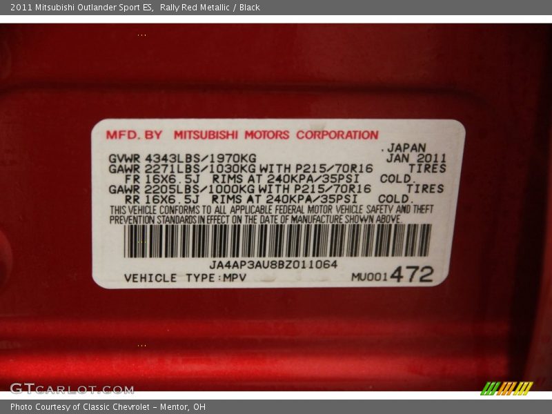 Rally Red Metallic / Black 2011 Mitsubishi Outlander Sport ES